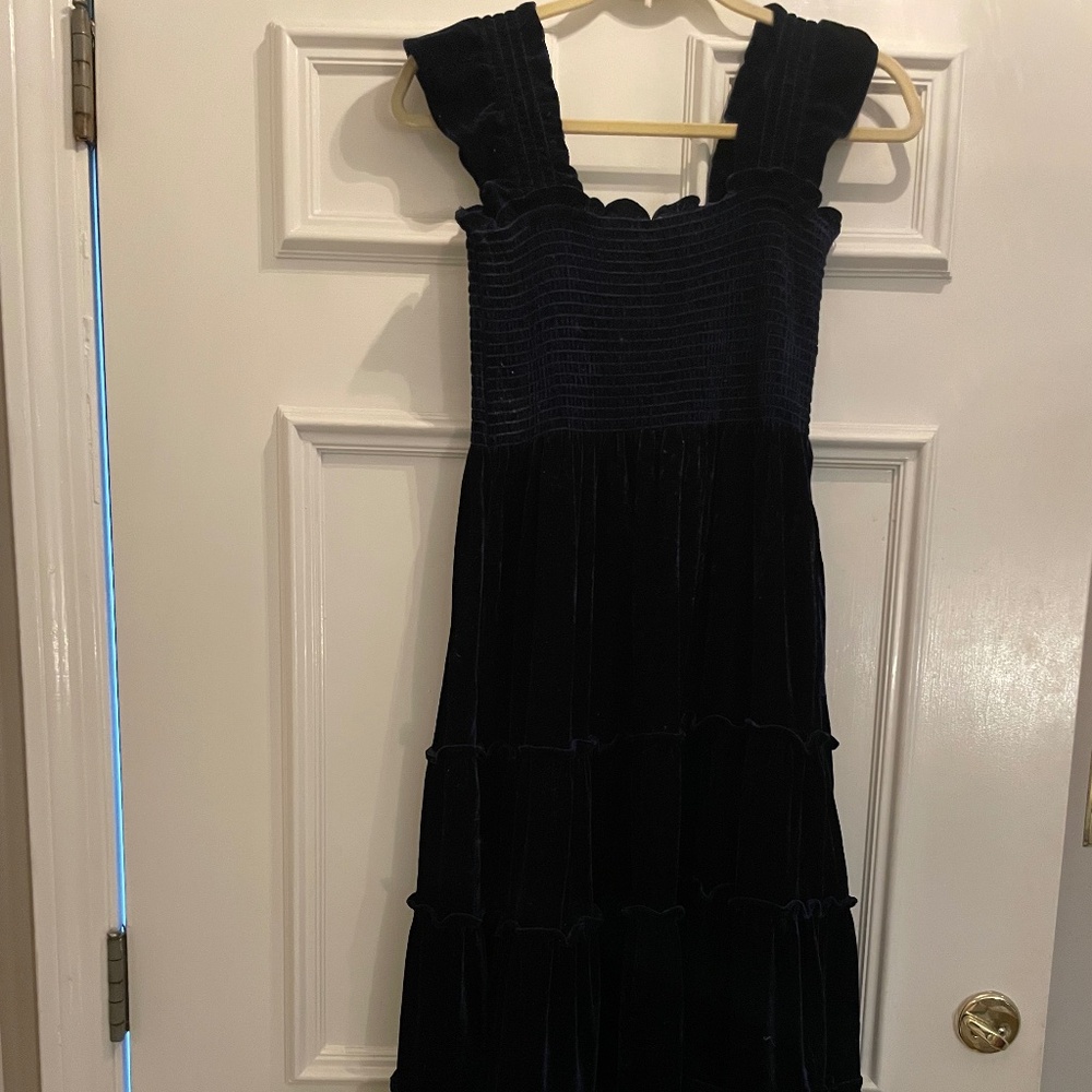 o.p.t Navy Velvet Smocked Tiered Midi Dress – Size M – Worn Twice